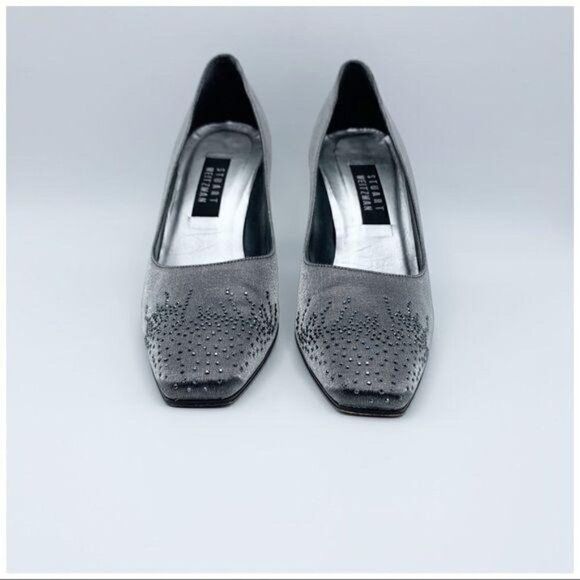 Stuart Weitzman Pewter Fabric Jeweled‎ Evening Heel Pumps Sz 10 Square Toe - Picture 5 of 10